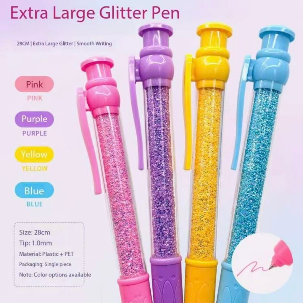 Giant 28CM Glitter Ballpoint Pen – Jumbo Click Pen with Transparent Sparkle Barrel & 0.7mm Black Ink