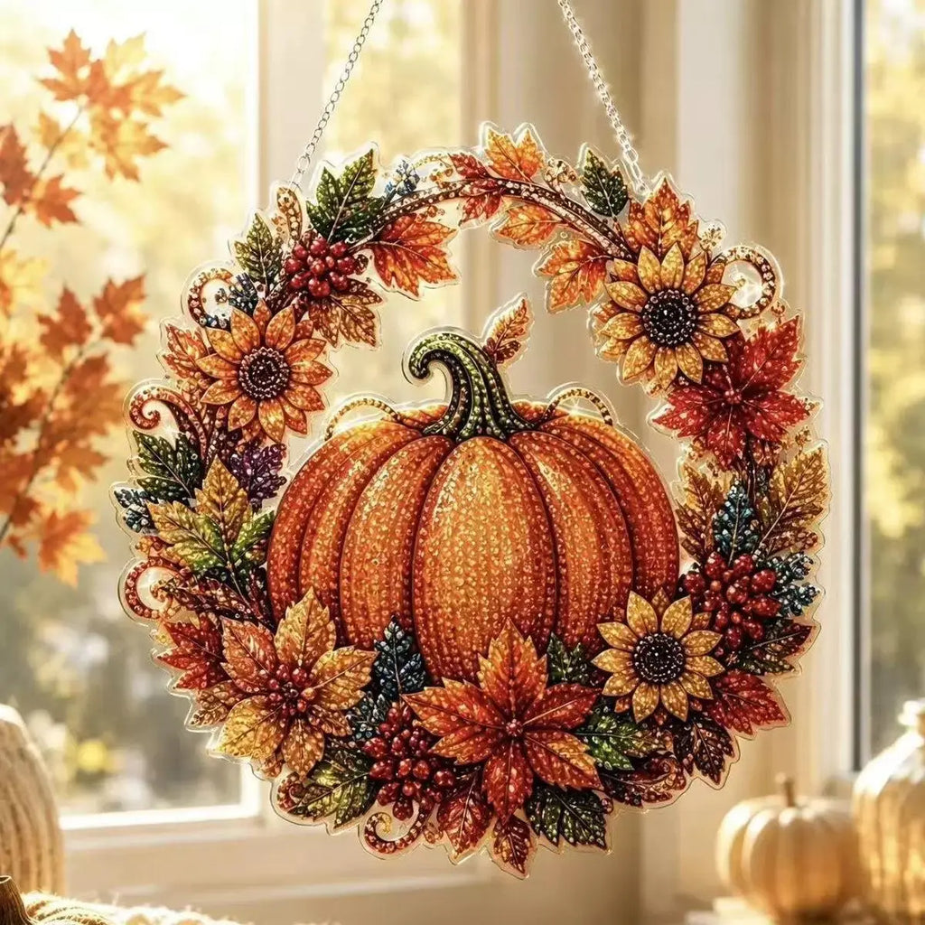 Halloween Diamond Art Suncatcher DIY Kit – Black Cat & Pumpkin Crystal Window Hanging Ornament Craft