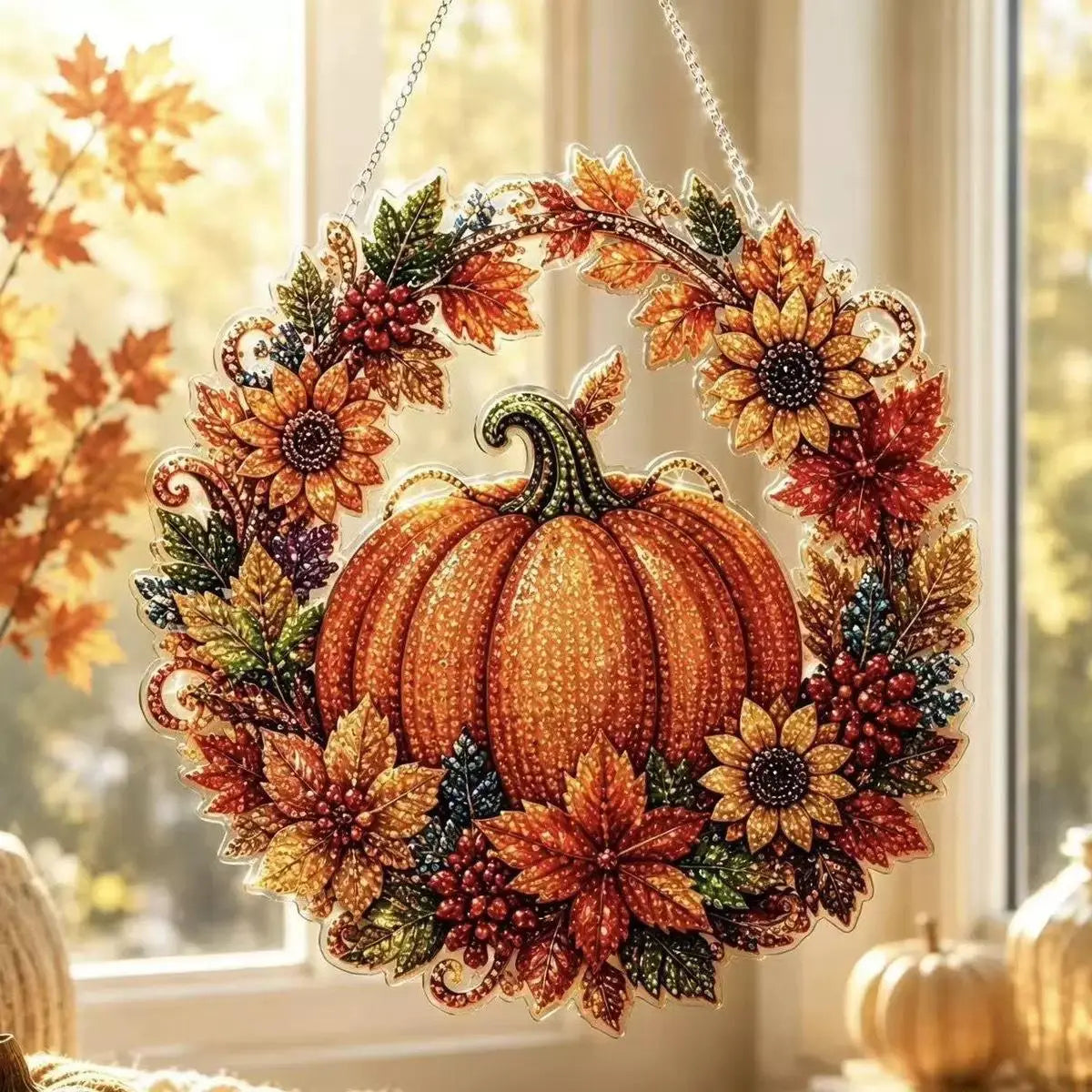 Halloween Diamond Art Suncatcher DIY Kit – Black Cat & Pumpkin Crystal Window Hanging Ornament Craft
