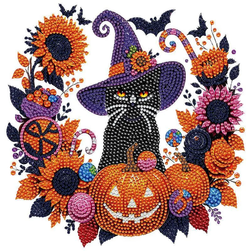 Halloween Diamond Art Suncatcher DIY Kit – Black Cat & Pumpkin Crystal Window Hanging Ornament Craft