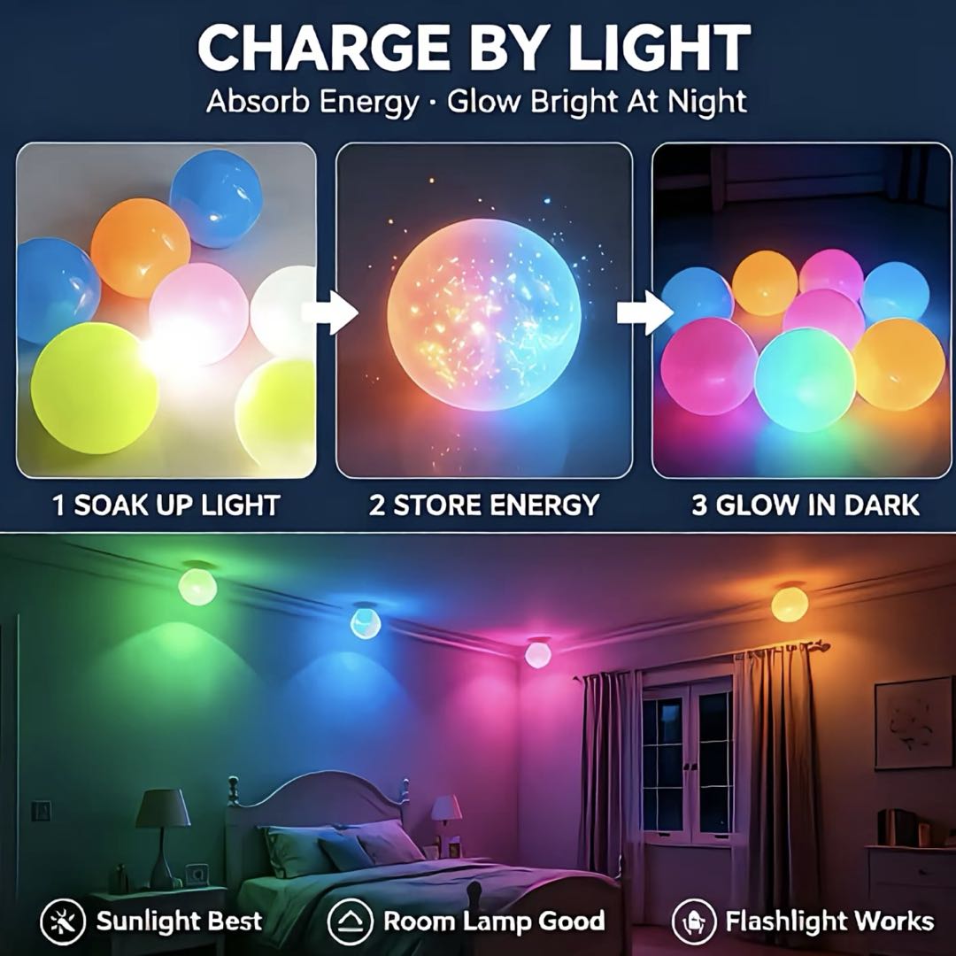 Glow Sticky Wall Balls 5-Pack (6CM) – Glow in The Dark Squishy Ceiling Toss Balls, Random Color Reusable Sensory Fidget Toy for Kids & Adults