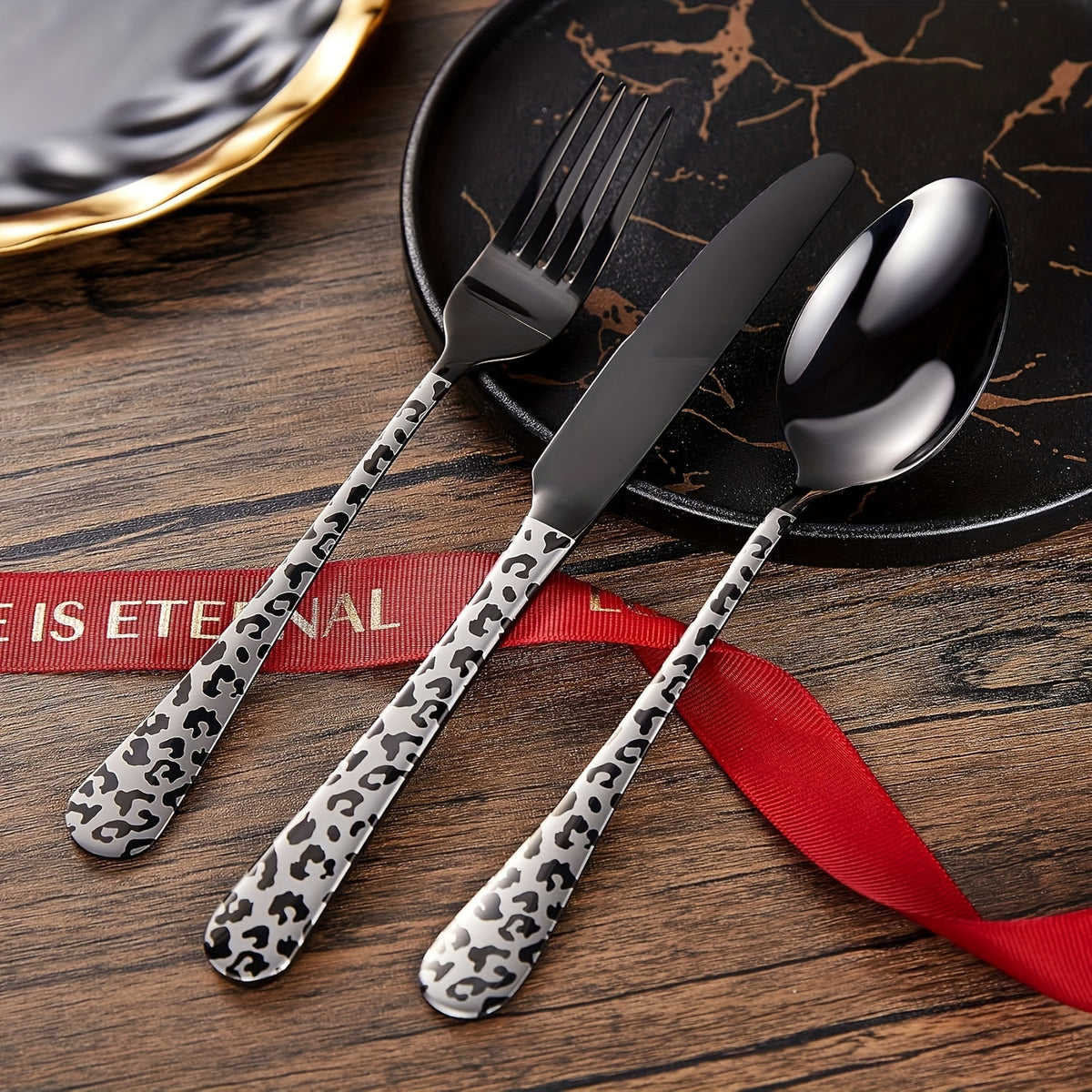 Leopard Print Black Stainless Steel Cutlery Set – 5/20PCS Mirror Polished Flatware Set with Forks, Spoons & Knives