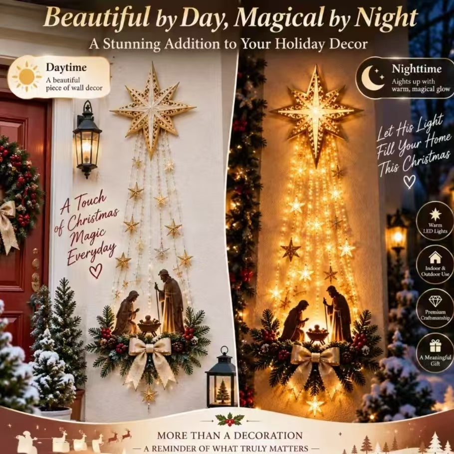 Lighted Bethlehem Star Nativity Wall Decor – Acrylic Flat Christmas Hanging with Warm LED Lights, Battery Powered Holiday Decoration