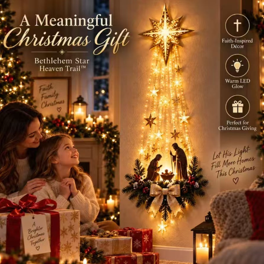 Lighted Bethlehem Star Nativity Wall Decor – Acrylic Flat Christmas Hanging with Warm LED Lights, Battery Powered Holiday Decoration