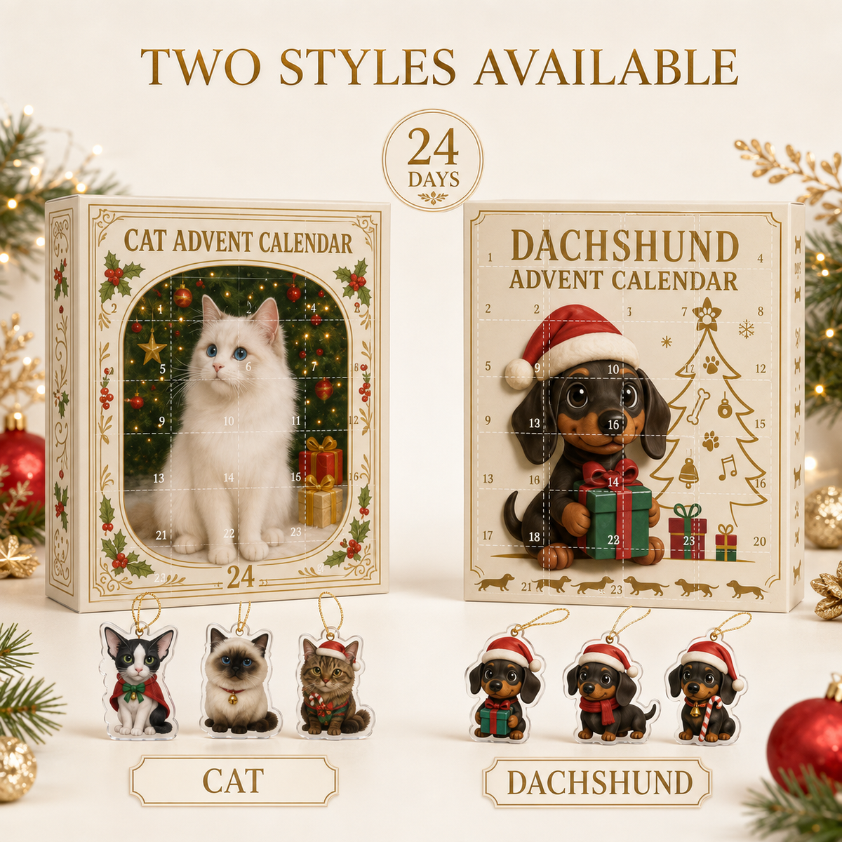 24-Day Christmas Pet Ornament Advent Calendar – Cat & Dachshund
