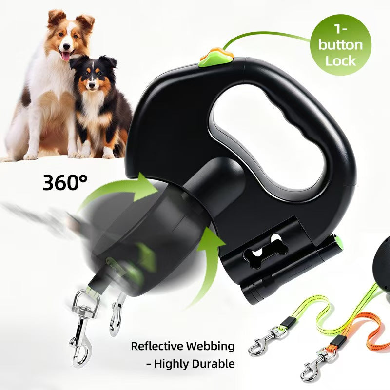 360° Retractable Dog Leash with LED Light | Heavy Duty Hands-Free Pet Walking Lead for Two Dogs