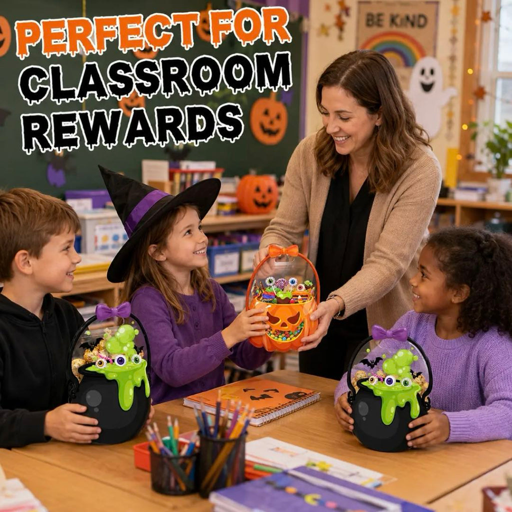 10PCS Halloween Candy Treat Bags – Pumpkin & Witch Cauldron Clear Plastic Candy Bucket with Handle, Reusable Trick or Treat Tote for Kids Halloween Party Favor Bags