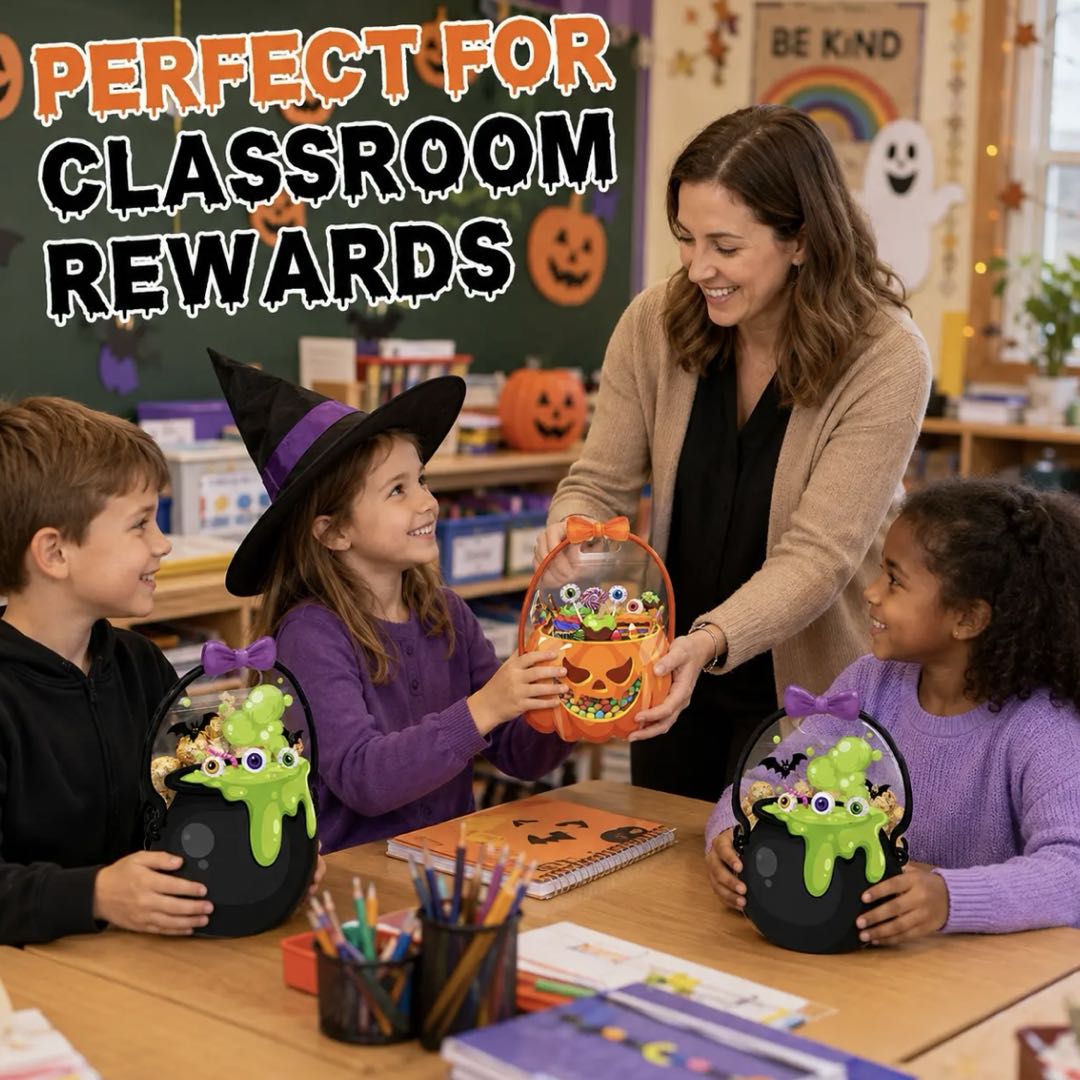 10PCS Halloween Candy Treat Bags – Pumpkin & Witch Cauldron Clear Plastic Candy Bucket with Handle, Reusable Trick or Treat Tote for Kids Halloween Party Favor Bags