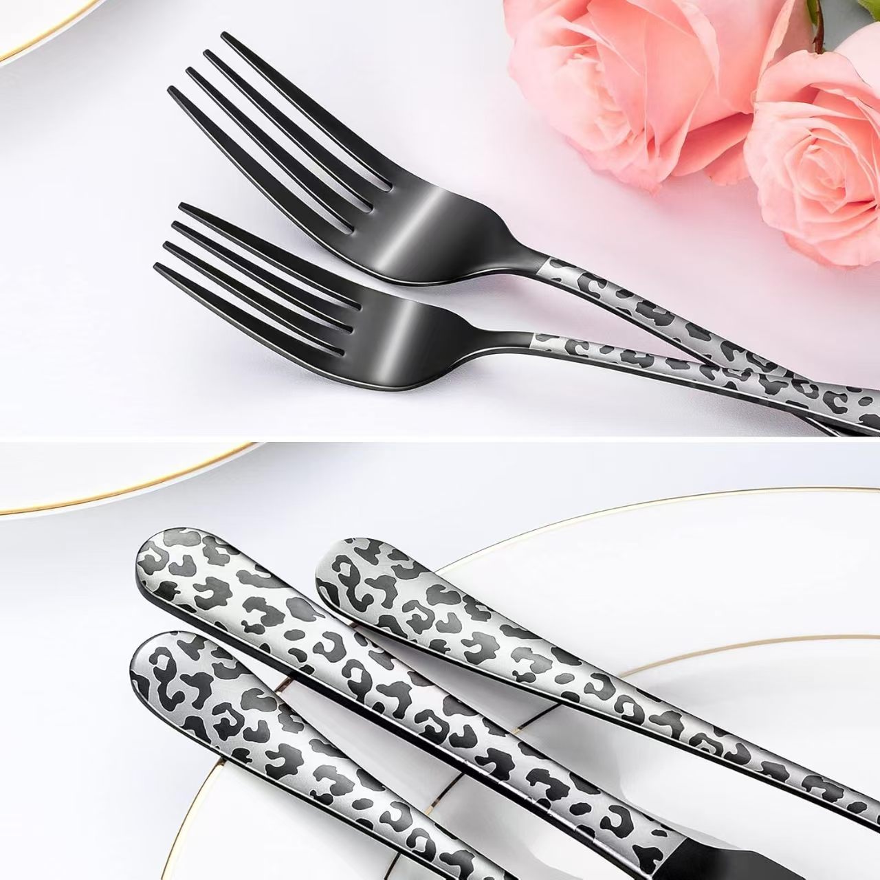 Leopard Print Black Stainless Steel Cutlery Set – 5/20PCS Mirror Polished Flatware Set with Forks, Spoons & Knives