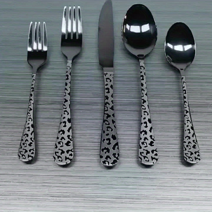 Leopard Print Black Stainless Steel Cutlery Set – 5/20PCS Mirror Polished Flatware Set with Forks, Spoons & Knives