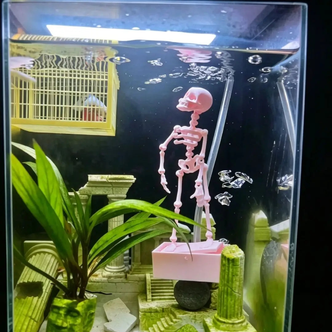 Dancing Skeleton Aquarium Ornament with Bubble Base | Fish Tank Decoration, Articulated Design, Underwater Motion Effect, Detailed Skull & Ribcage, Compact & Freestanding