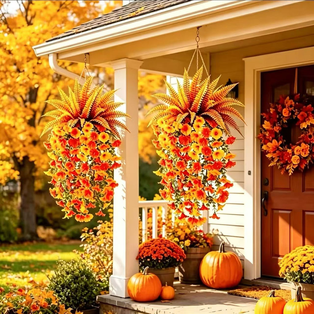 Artificial Fall Harvest Hanging Basket, Artificial Hanging Flowers for Outdoors, UV-Resistant Waterproof Faux Fall Flowers for Autumn, Autumn Porch & Door Decoration