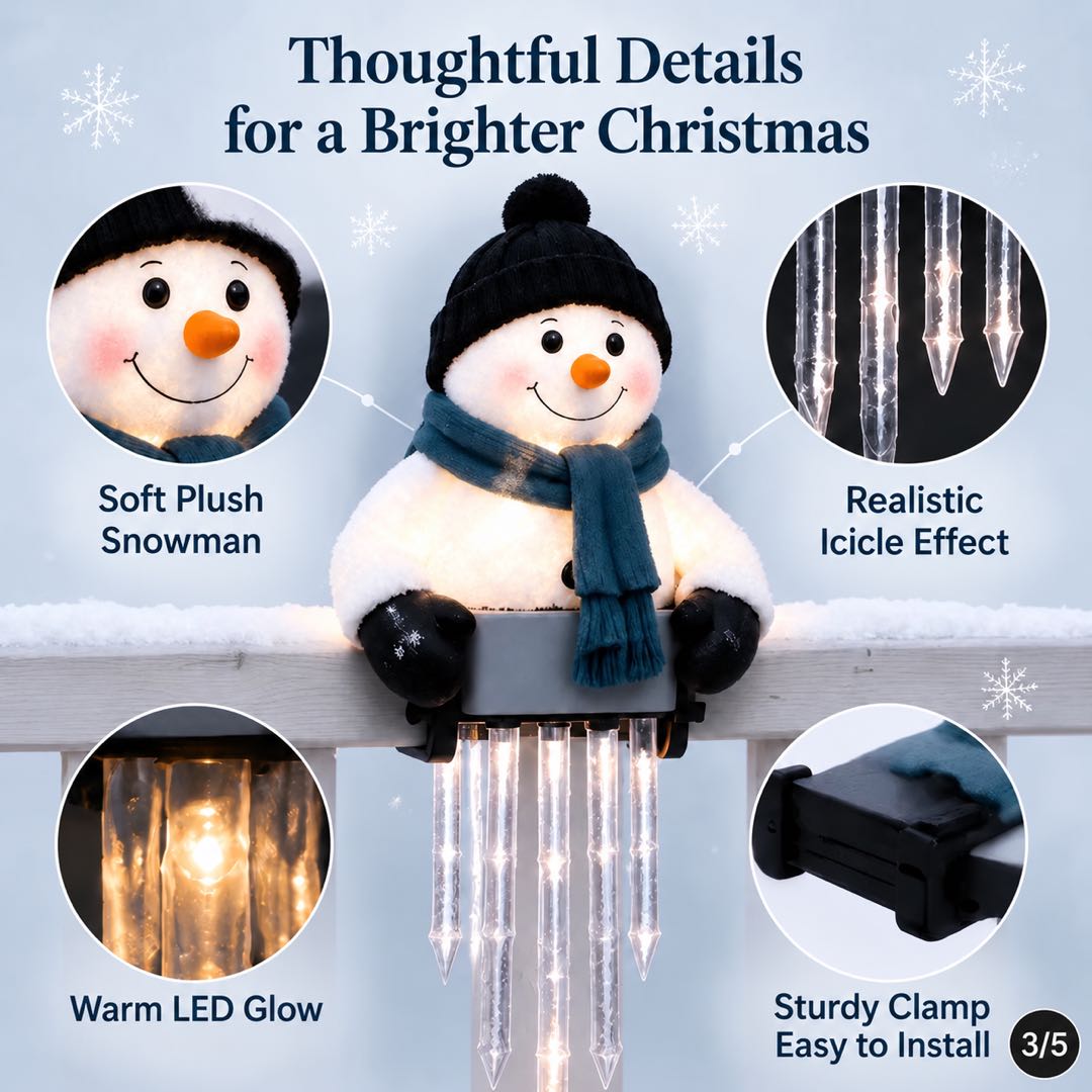LED Snowman Icicle Christmas Railing Light – Outdoor Hanging Fence Decoration with Glowing Icicle Lights for Porch, Balcony & Garden