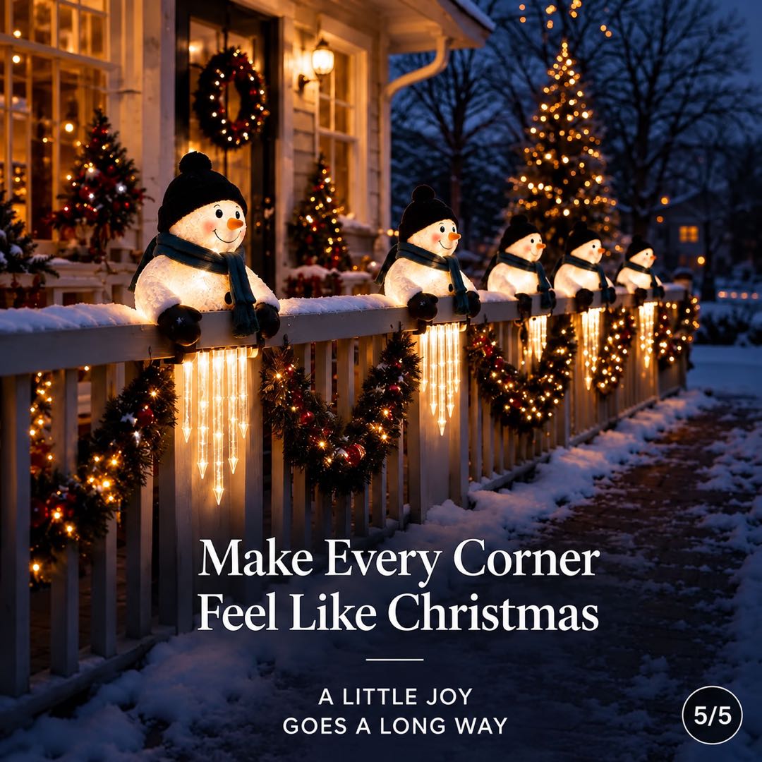 LED Snowman Icicle Christmas Railing Light – Outdoor Hanging Fence Decoration with Glowing Icicle Lights for Porch, Balcony & Garden