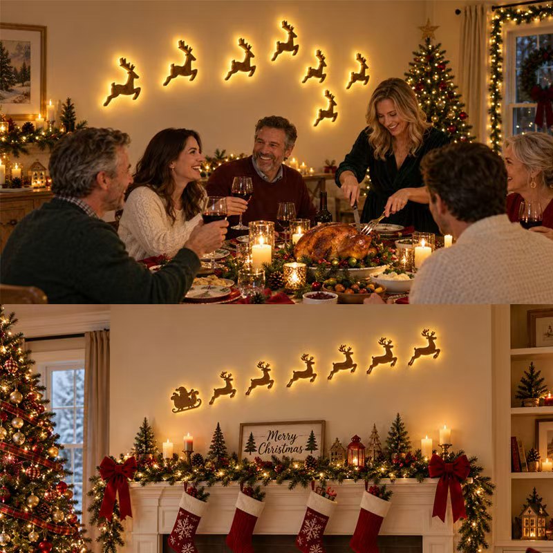 Light-Up Santa & Reindeer LED Wall Decor – Remote Control Christmas Holiday Decoration