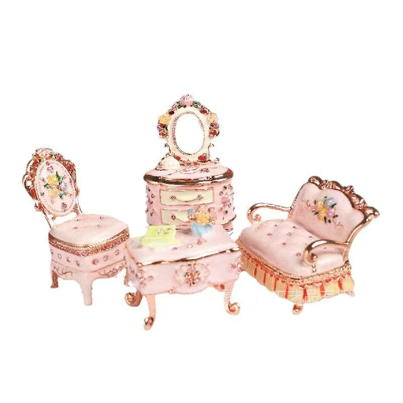 Vintage Mini Furniture Jewelry Box – Hand-Painted Enamel Metal Trinket Box