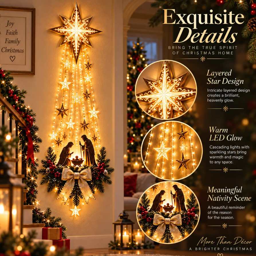 Lighted Bethlehem Star Nativity Wall Decor – Acrylic Flat Christmas Hanging with Warm LED Lights, Battery Powered Holiday Decoration