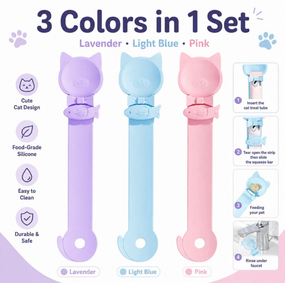 TIKA 3-Pack Cat Treat Squeeze Spoon Feeder | Lickable Strip & Puree Dispenser for Cats