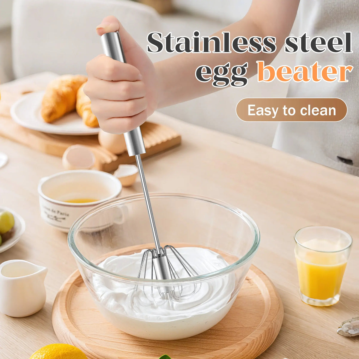 Stainless Steel Hand-Push Rotary Whisk – Semi-Automatic Food-Grade Egg Beater & Milk Frother for Coffee, Baking & Cocktails