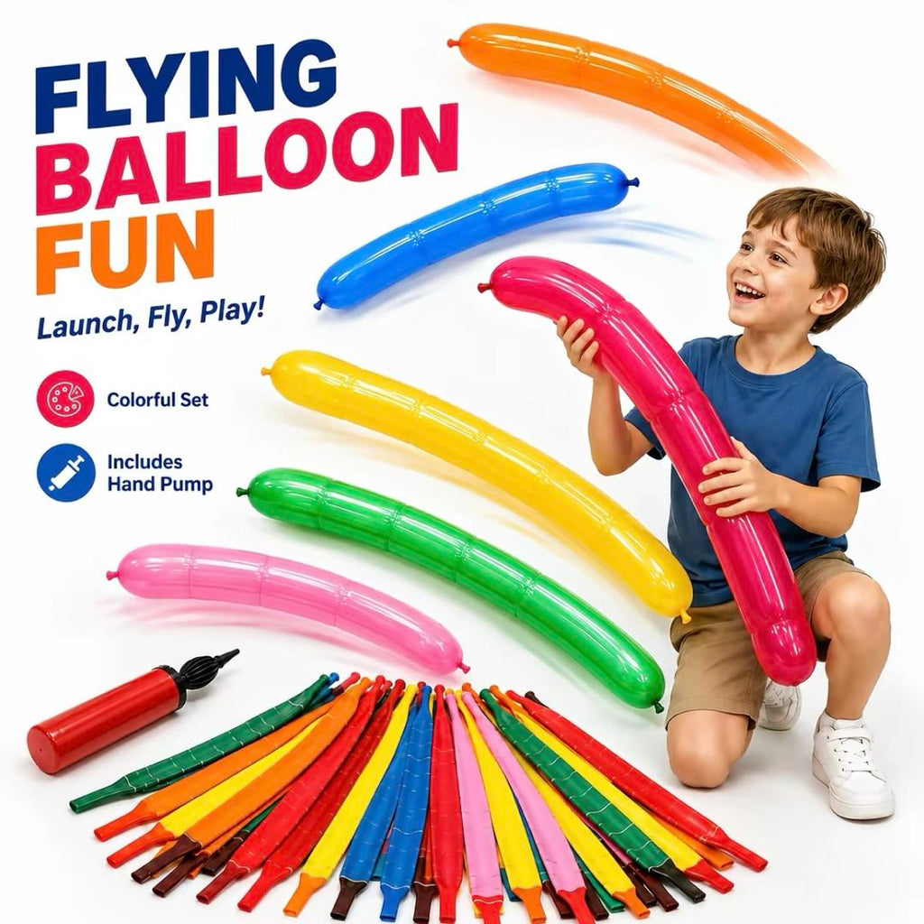 20 Flying Rocket Balloons with Hand Air Pump – Long Launch Balloons for Outdoor Games, Birthday Parties & Family Fun