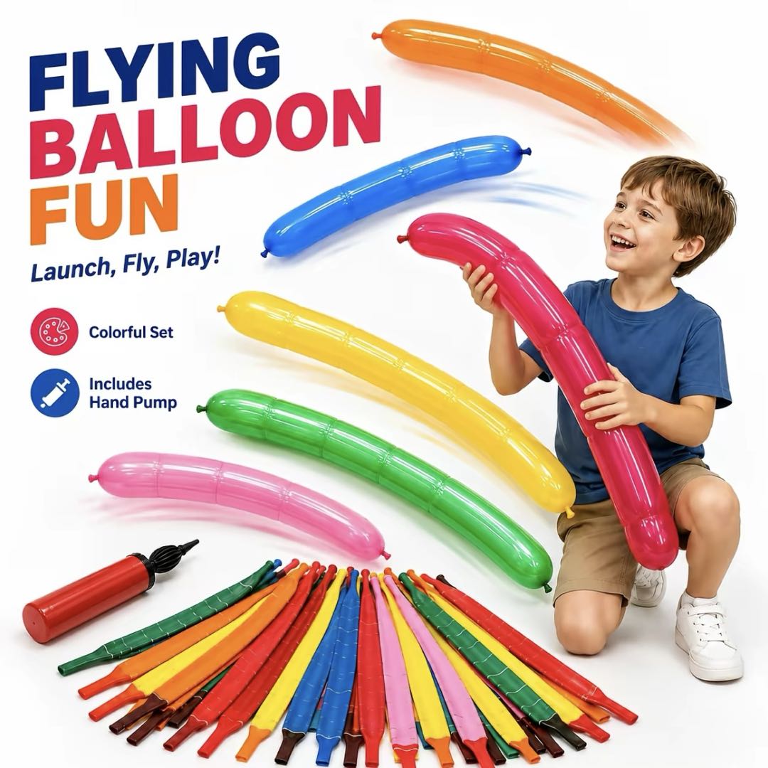 20 Flying Rocket Balloons with Hand Air Pump – Long Launch Balloons for Outdoor Games, Birthday Parties & Family Fun