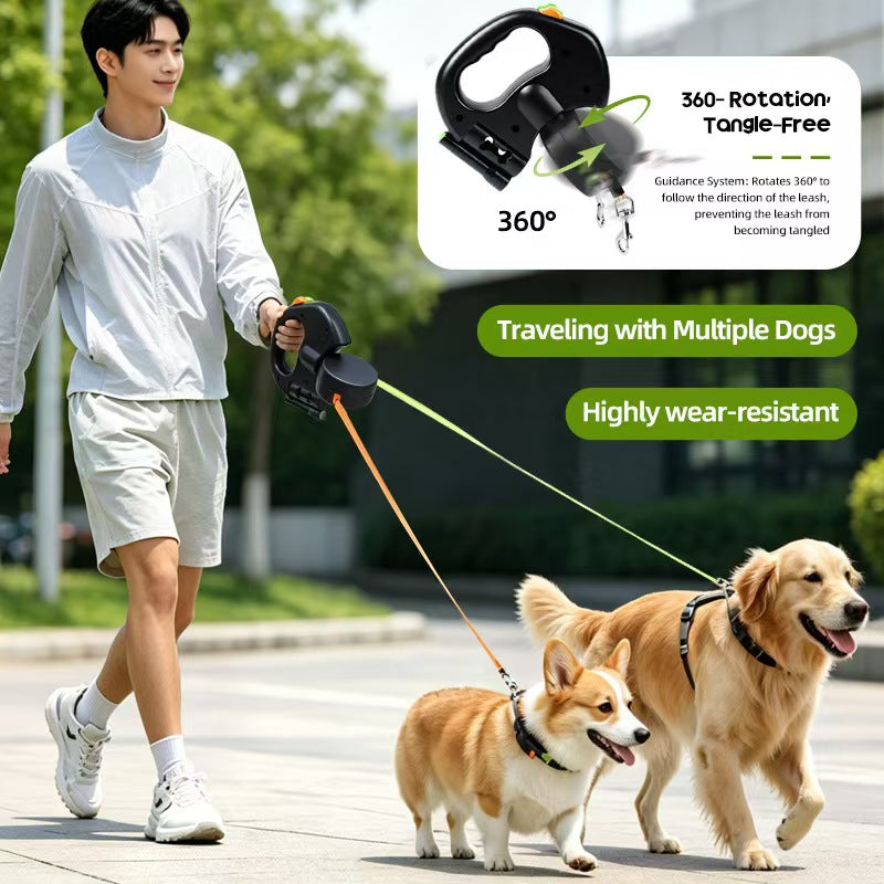 360° Retractable Dog Leash with LED Light | Heavy Duty Hands-Free Pet Walking Lead for Two Dogs