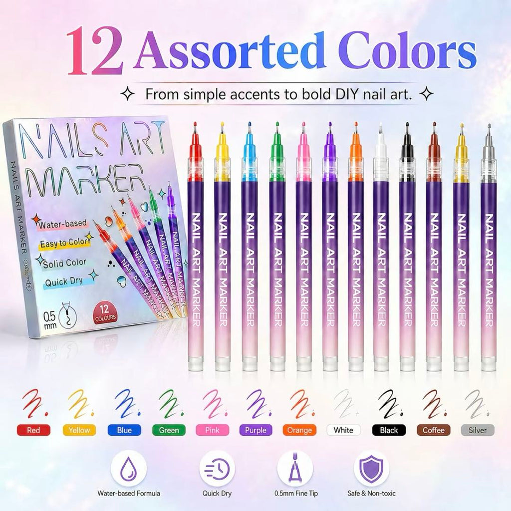 12 Colors Water-Based Nail Art Marker Pens Set – 0.5mm Fine Tip DIY Nail Design Paint Pens, Quick Dry, Washable Nail Art Kit for Beginners & Professionals
