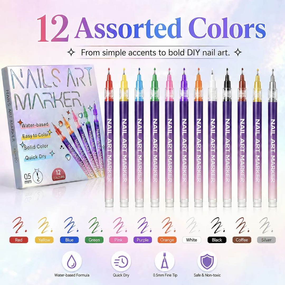 12 Colors Water-Based Nail Art Marker Pens Set – 0.5mm Fine Tip DIY Nail Design Paint Pens, Quick Dry, Washable Nail Art Kit for Beginners & Professionals