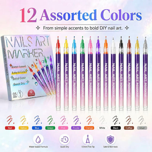 12 Colors Water-Based Nail Art Marker Pens Set – 0.5mm Fine Tip DIY Nail Design Paint Pens, Quick Dry, Washable Nail Art Kit for Beginners & Professionals