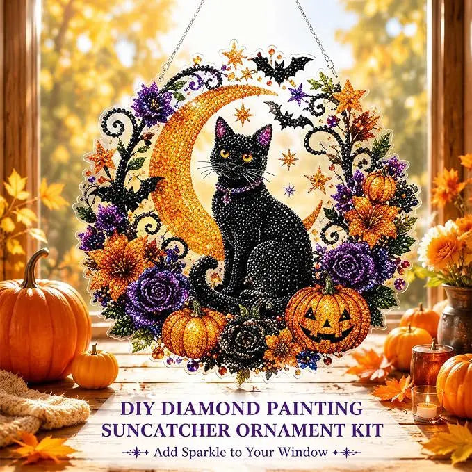 Halloween Diamond Art Suncatcher DIY Kit – Black Cat & Pumpkin Crystal Window Hanging Ornament Craft