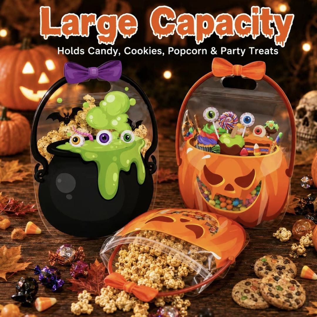 10PCS Halloween Candy Treat Bags – Pumpkin & Witch Cauldron Clear Plastic Candy Bucket with Handle, Reusable Trick or Treat Tote for Kids Halloween Party Favor Bags