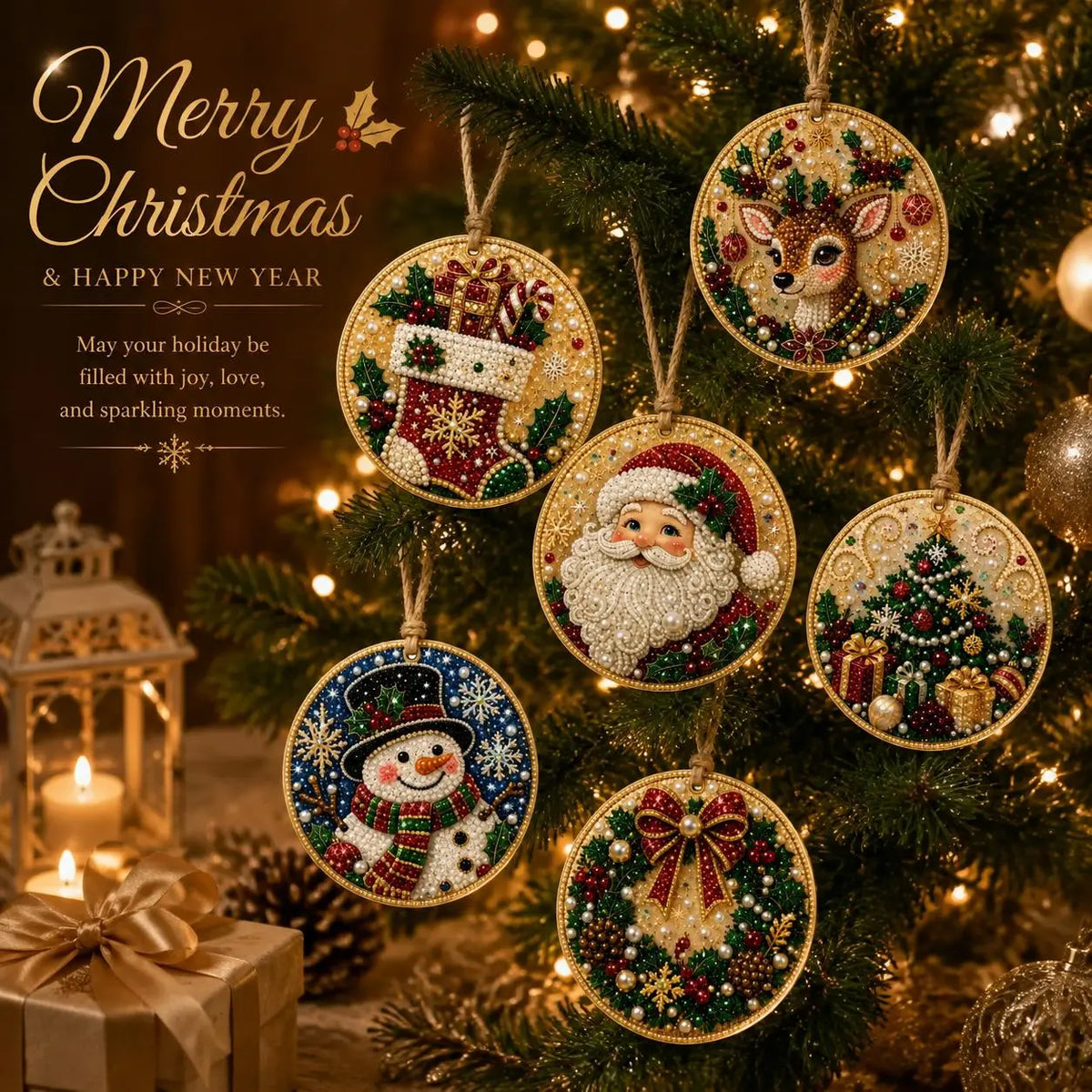 6Pcs Christmas DIY Diamond Painting Ornaments Kit, Wooden Xmas Tree Hanging Decorations with Rhinestones, DIY Holiday Craft Gift