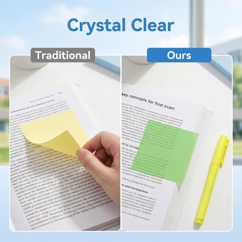 Transparent Glitter Sticky Notes with Pull-Out Dispenser – See-Through PET Memo Tabs for Books, Journals & Planners