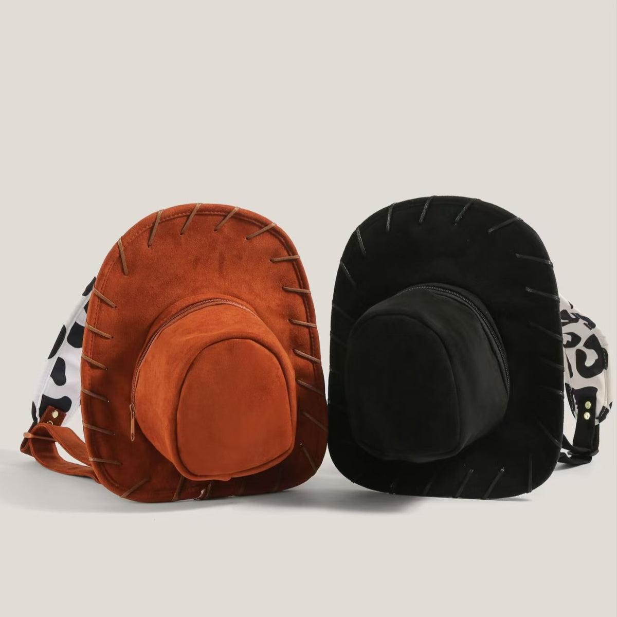 Cowboy Hat-Shaped Suede Backpack – Western Rodeo Backpack with Cow-Print Adjustable Straps, Novelty Costume Travel Bag