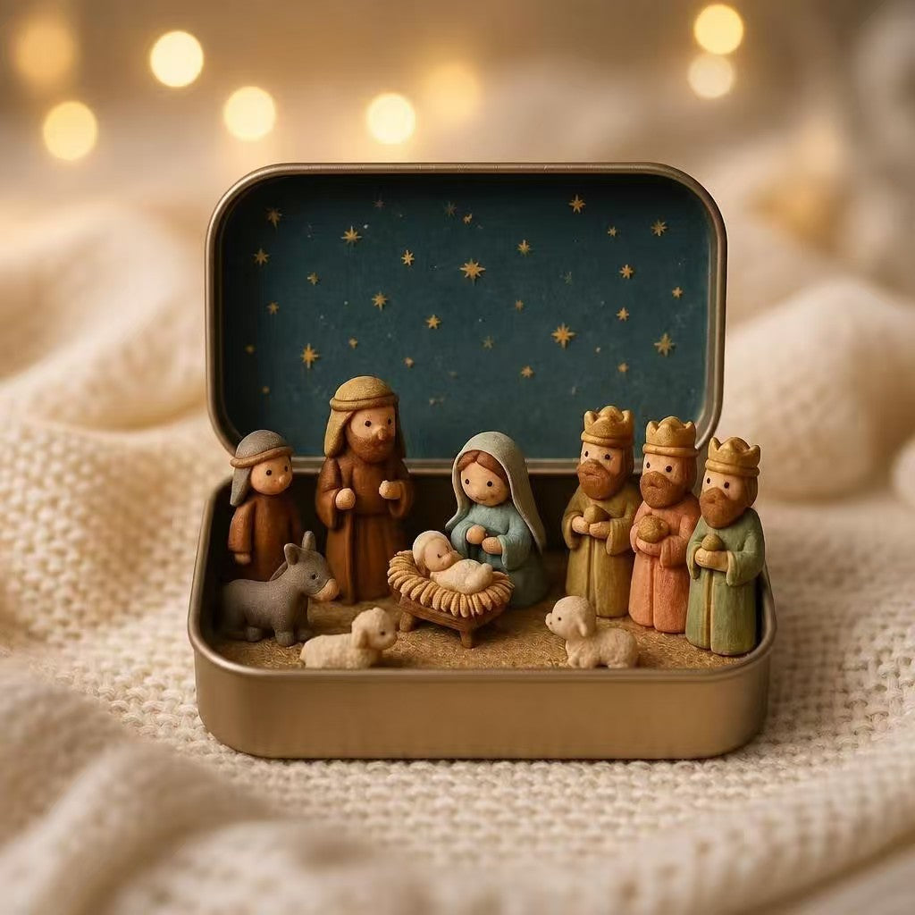 Mini Nativity Scene in Tin Box – Portable Christmas Holy Family Decoration, Handcrafted Bethlehem Collectible Gift