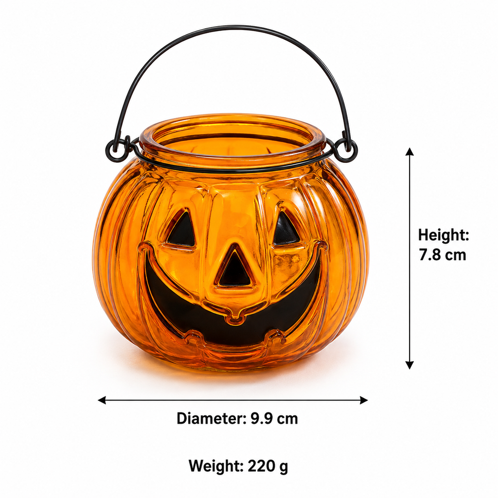 Halloween Pumpkin Glass Candle Holder Lantern with Ghost Face – Orange Hanging Tealight Jar with Metal Handle for Spooky Home & Party Decor