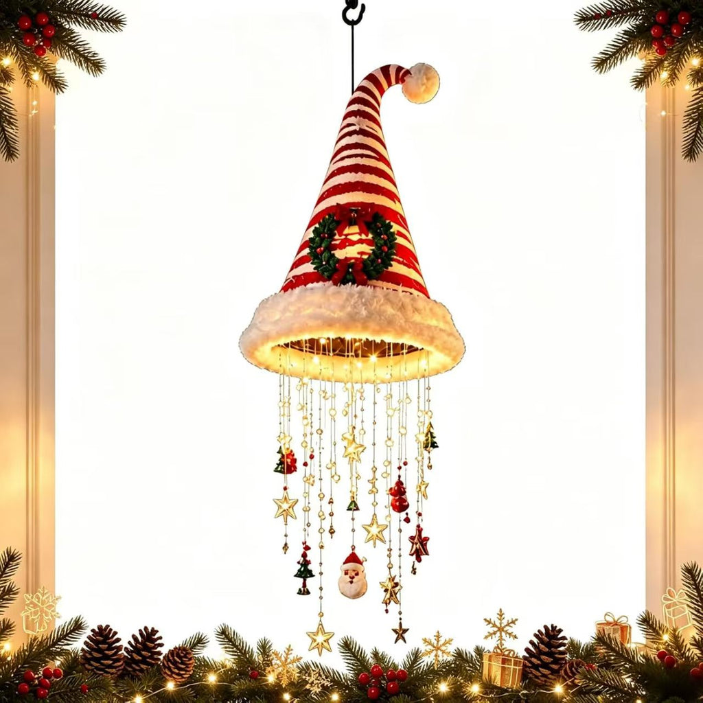 Lighted Santa Hat Christmas Hanging Chandelier – Warm LED Tassel Ornament with Stars & Holiday Charms, Battery Powered Ceiling & Window Christmas Decor