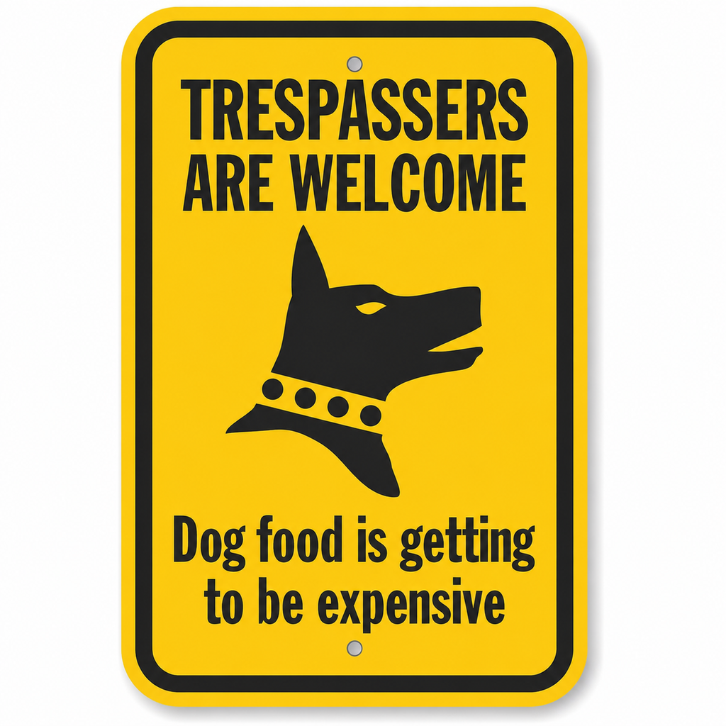 Funny No Trespassing Sign – "Dog Food Is Getting Expensive" | 12×8 in Aluminum Yard Sign, Weatherproof, Pre-Drilled
