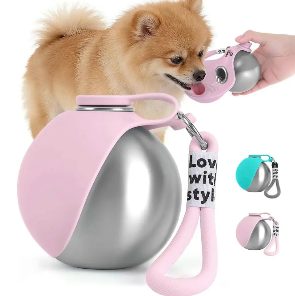 304 Stainless Steel Dog Water Bottle with Bowl – Portable Travel Pet Bottle