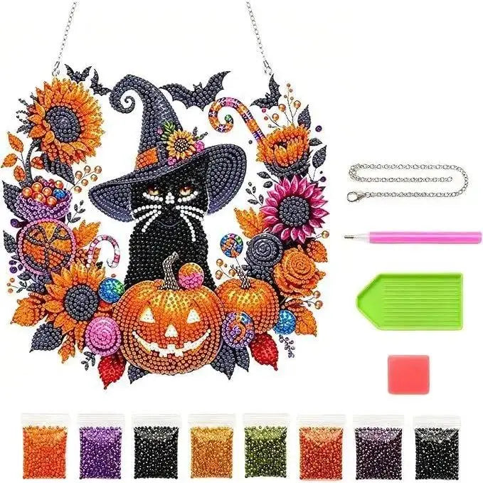 Halloween Diamond Art Suncatcher DIY Kit – Black Cat & Pumpkin Crystal Window Hanging Ornament Craft