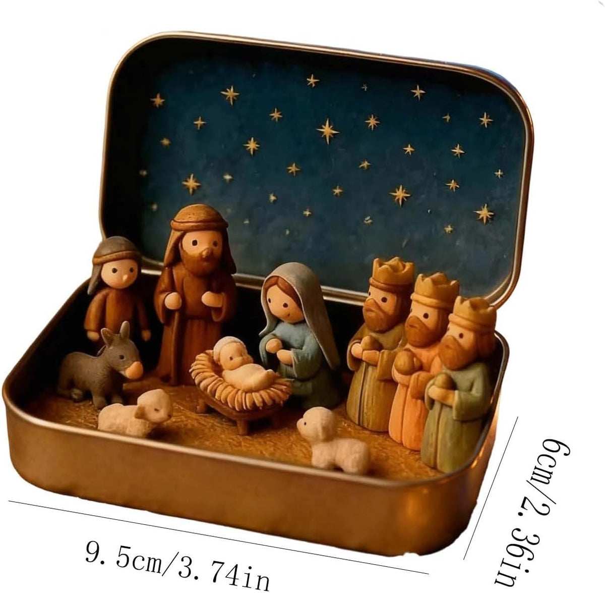 Mini Nativity Scene in Tin Box – Portable Christmas Holy Family Decoration, Handcrafted Bethlehem Collectible Gift