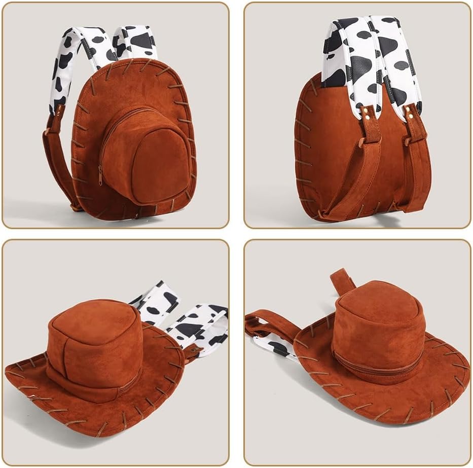 Cowboy Hat-Shaped Suede Backpack – Western Rodeo Backpack with Cow-Print Adjustable Straps, Novelty Costume Travel Bag