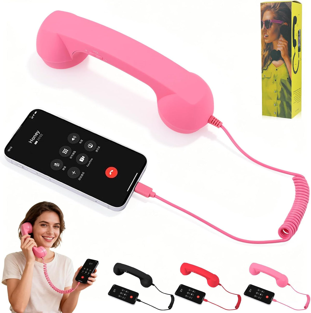 Retro Type-C Phone Handset Receiver with Volume Control – Vintage Wired Mobile Phone Handset for Smartphones, 38mm Speaker, Stretch Coiled Cord