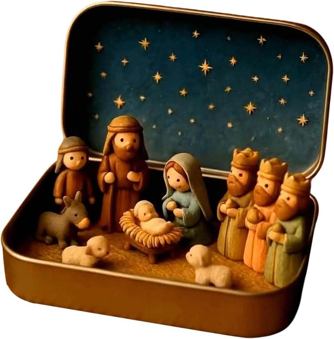 Mini Nativity Scene in Tin Box – Portable Christmas Holy Family Decoration, Handcrafted Bethlehem Collectible Gift