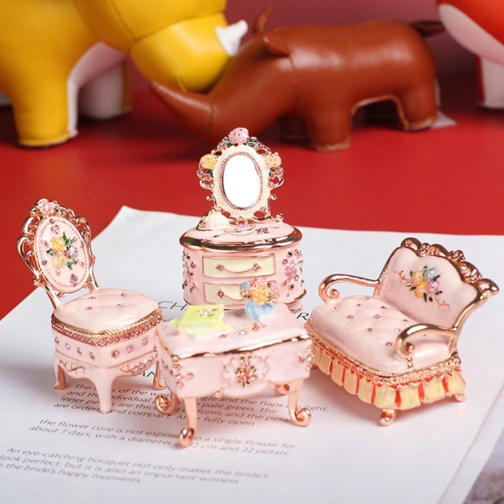 Vintage Mini Furniture Jewelry Box – Hand-Painted Enamel Metal Trinket Box
