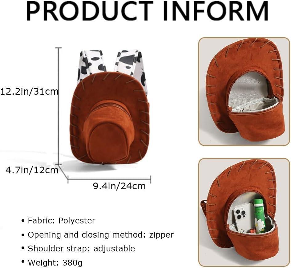 Cowboy Hat-Shaped Suede Backpack – Western Rodeo Backpack with Cow-Print Adjustable Straps, Novelty Costume Travel Bag