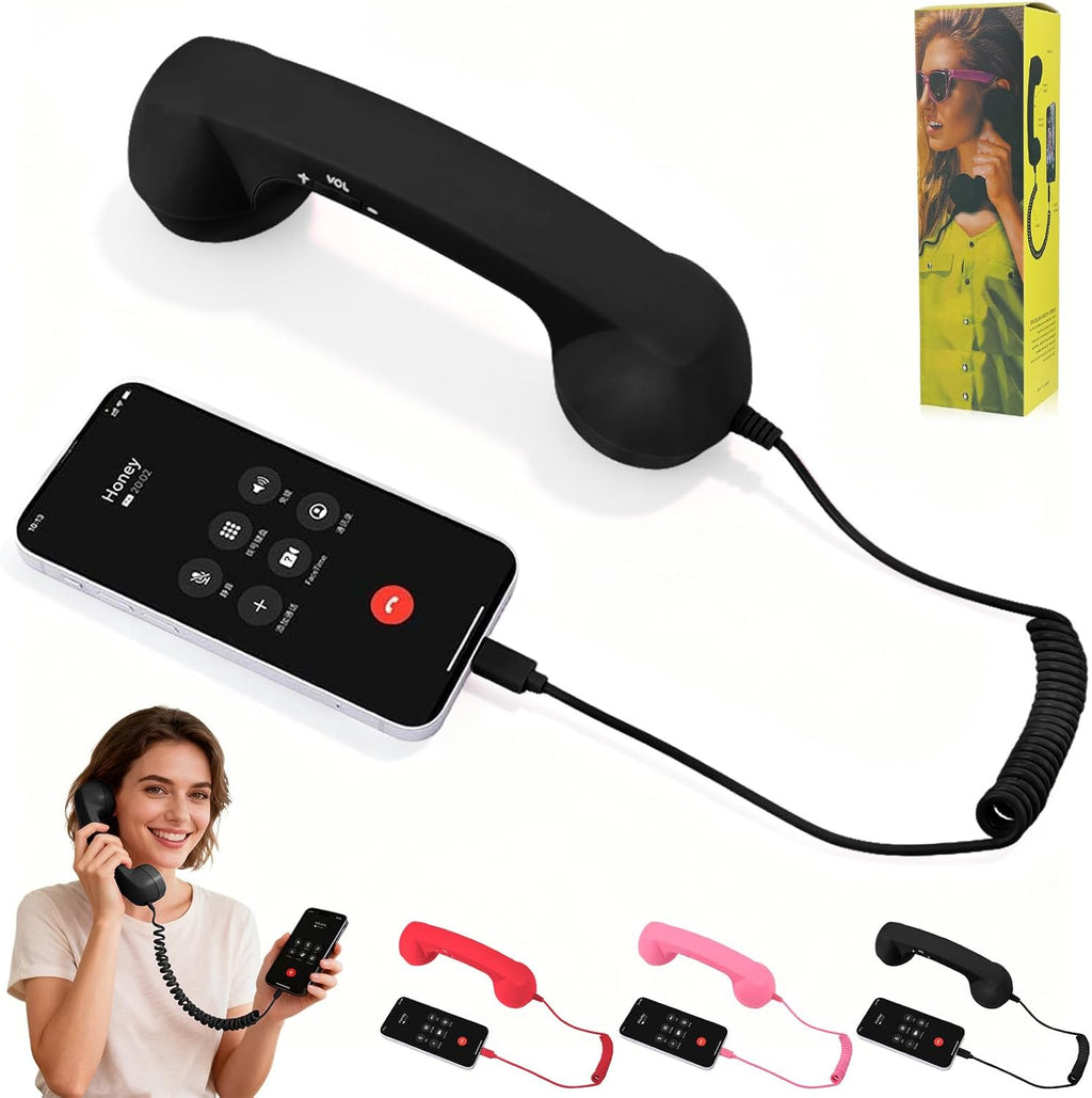 Retro Type-C Phone Handset Receiver with Volume Control – Vintage Wired Mobile Phone Handset for Smartphones, 38mm Speaker, Stretch Coiled Cord