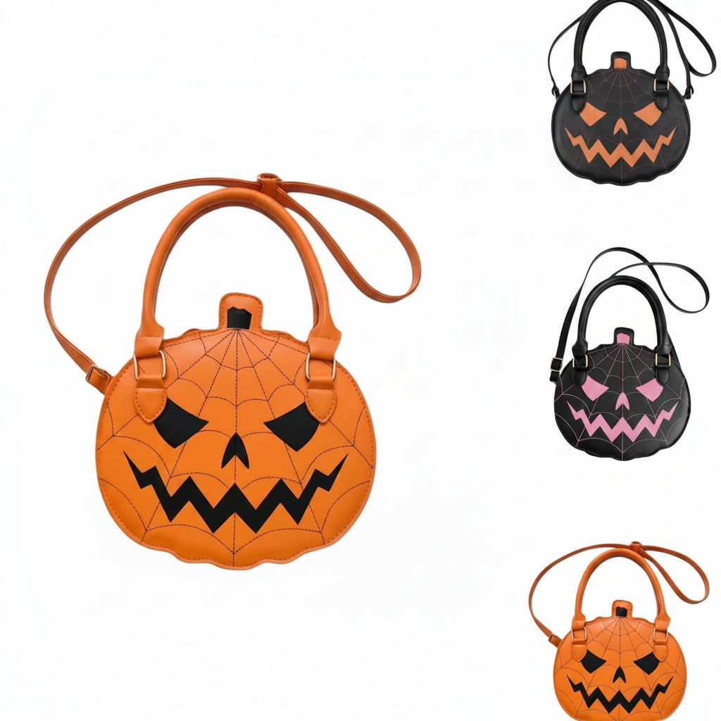 Halloween Pumpkin Crossbody Bag for Women – Jack-O'-Lantern PU Handbag with Spiderweb Stitching, Top Handles & Adjustable Shoulder Strap