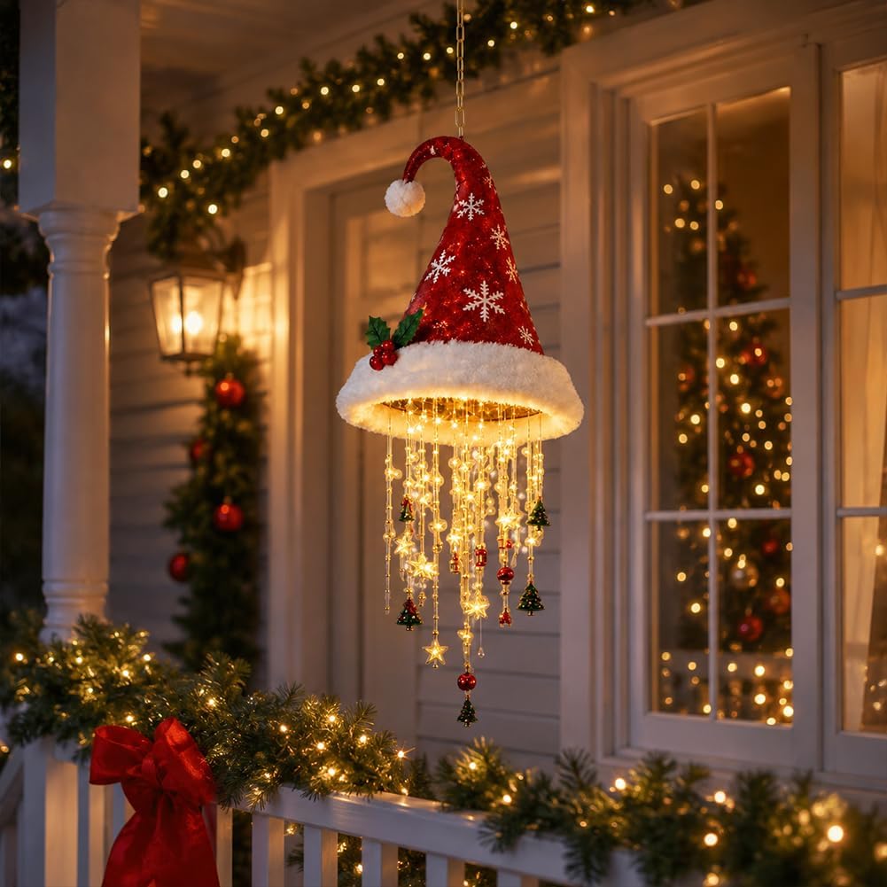 Lighted Santa Hat Christmas Hanging Chandelier – Warm LED Tassel Ornament with Stars & Holiday Charms, Battery Powered Ceiling & Window Christmas Decor