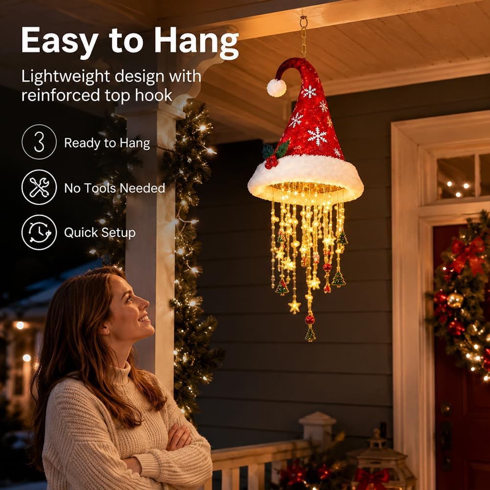 Lighted Santa Hat Christmas Hanging Chandelier – Warm LED Tassel Ornament with Stars & Holiday Charms, Battery Powered Ceiling & Window Christmas Decor
